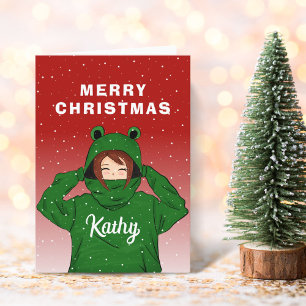 Tarjeta Chica linda con sudadera con capucha de rana verde