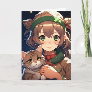 Tarjeta Chica linda de Anime sosteniendo un gatito en Navi