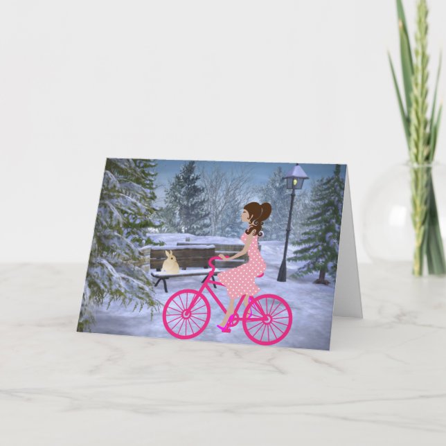 Tarjeta Chica Linda En Bicicleta Rosa Invierno (Anverso)