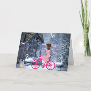 Tarjeta Chica Linda En Una Bicicleta Rosa Invierno