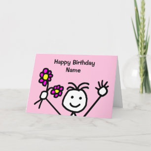 Tarjeta Chica Linda Sonriendo Agitando Flores Cumpleaños R