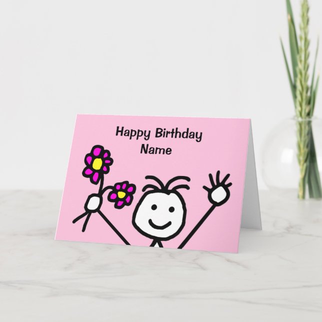 Tarjeta Chica Linda Sonriendo Agitando Flores Cumpleaños R (Anverso)