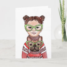 Chica linda y bulldog francés gafas a juego arte p