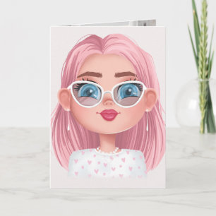 Tarjeta chica lindo con el pelo rosado