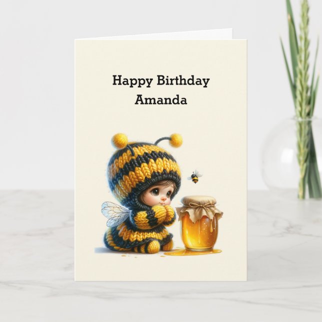 Tarjeta Chica lindo con traje de abeja con cumpleaños de m (Anverso)