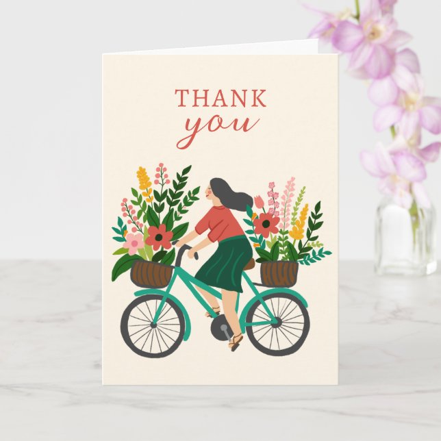 Tarjeta Chica lindo en bicicleta con flores GRACIAS (Orquídea)