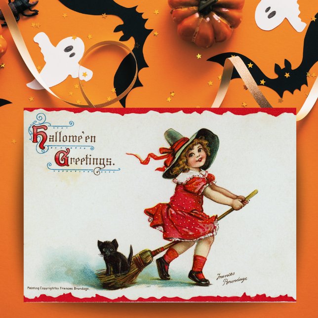 Tarjeta Chica lindo Personalizado de brujas Vintage Hallow (Cute Girl Witch Custom Vintage Downloadable Halloween Card with editable inside message.)