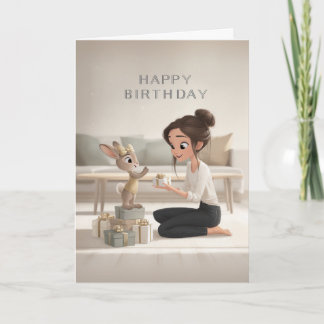 Tarjeta Chica Morena Dando Regalo de Cumpleaños de Conejo