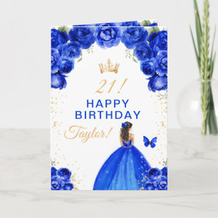 Tarjeta Chica Morena Pelo Floral Azul Feliz Cumpleaños