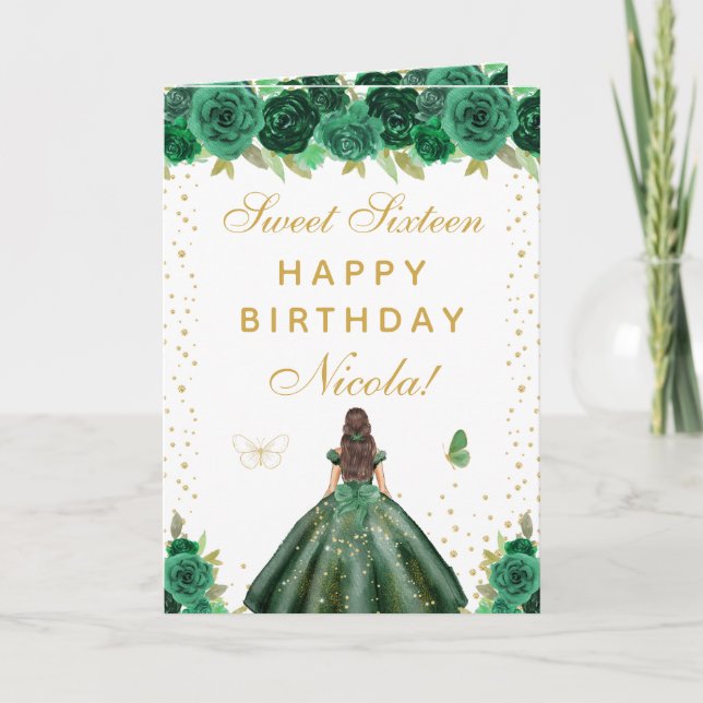 Tarjeta Chica Morena Pelo Floral Verde Cumple Dieciséis (Anverso)
