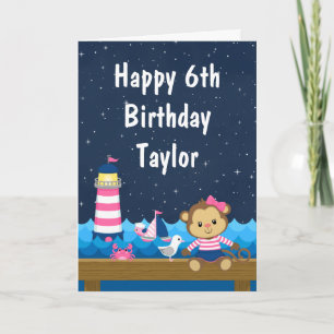 Tarjeta Chica náutica mono rosa y azul marino feliz cumple