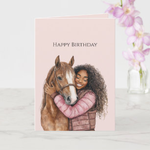 Tarjeta Chica Negra Abrazando Caballo Cumpleaños Rosa