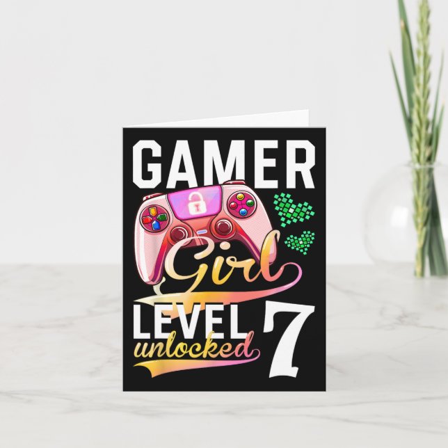 Tarjeta Chica Nivel 7 Videojuego desbloqueado 7º cumpleaño (Anverso)