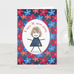 Tarjeta Chica Palito Cumpleaños 90 y Daisies Sobre Denim