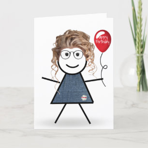 Tarjeta Chica Palito Cumpleaños con Globo Rojo