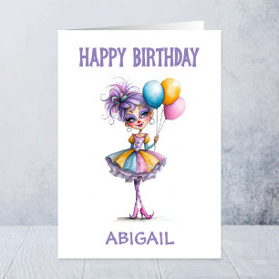 Tarjeta Chica Payaso Colorida Sosteniendo Globos Cumpleaño
