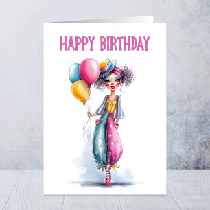 Tarjeta Chica Payaso Elegante Sosteniendo Globos Cumpleaño