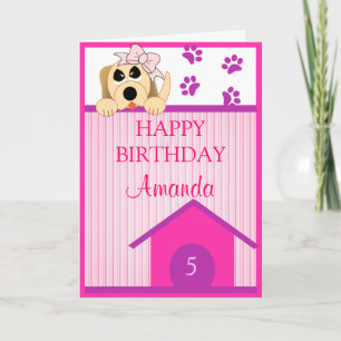 Tarjeta Chica Perro con Bow y Dog House Cumpleaños