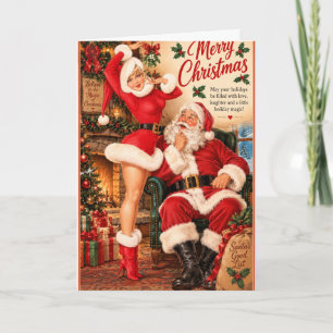 Tarjeta Chica Pin-Up de Navidad Vintage y Santa