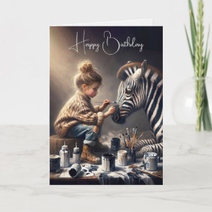 Tarjeta Chica pintando rayas en un cumpleaños de cebra