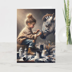 Tarjeta Chica pintando rayas en un cumpleaños de cebra