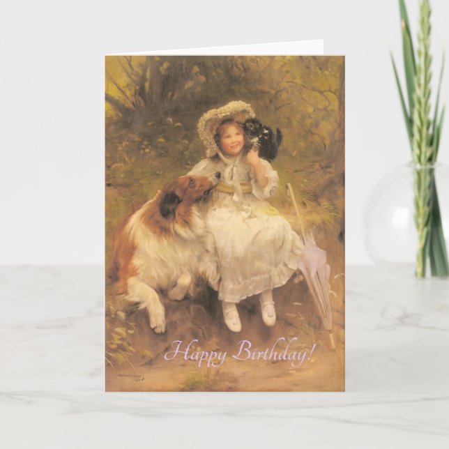 Tarjeta Chica Retro Con Mascotas, Cumpleaños (Anverso)