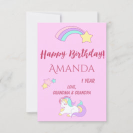 Tarjeta Chica rosa de primer cumpleaños de unicornio mágic