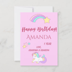 Tarjeta Chica rosa de primer cumpleaños de unicornio mágic