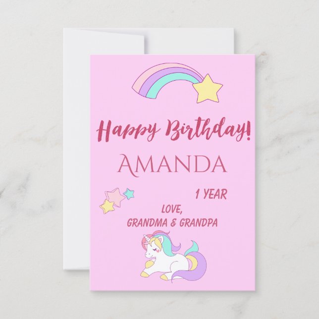 Tarjeta Chica rosa de primer cumpleaños de unicornio mágic (Anverso)