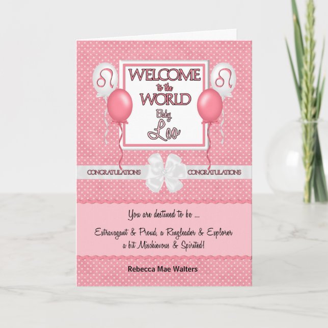 Tarjeta Chica rosado recién nacido Leo Felicitaciones (Anverso)