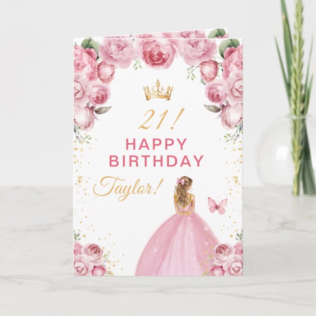 Tarjeta Chica Rubia con Cabello Floral Rosa Feliz Cumpleañ (Anverso)