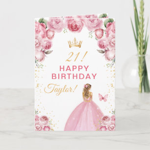 Tarjeta Chica Rubia con Cabello Floral Rosa Feliz Cumpleañ