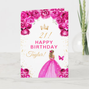 Tarjeta Chica Rubia con Cabello Floral Rosa Feliz Cumpleañ