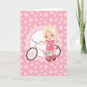 Tarjeta Chica Rubia en Bicicleta - Rosa Blanco