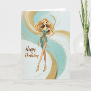 Tarjeta Chica Rubia en Cumpleaños de Moda Glam Teal Gold