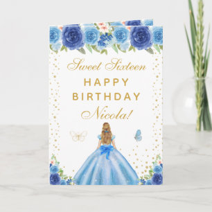 Tarjeta Chica Rubia Floral Azul Cumple Dieciséis Dulce