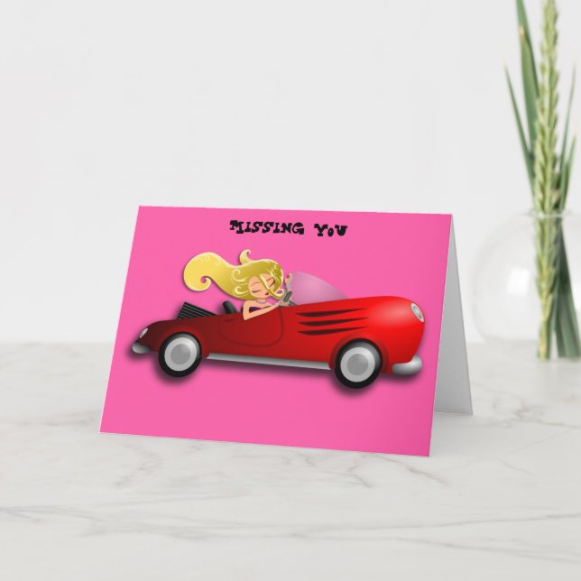 Tarjeta Chica rubio en coche de deportes rojo (Anverso)