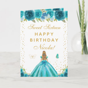 Tarjeta Chica Rubio Floral Turquesa Cumple Dulces Dieciséi