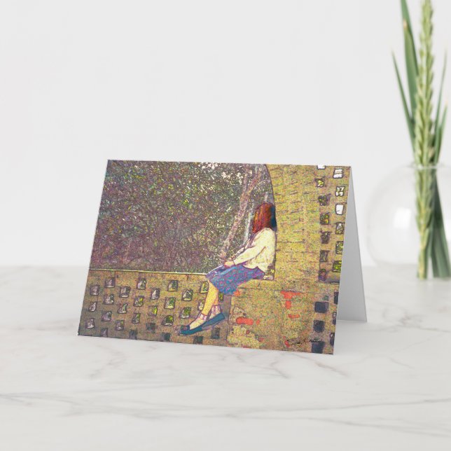Tarjeta Chica sentado en el día de la pared del jardín (Anverso)