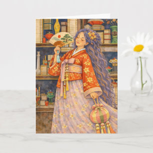 Tarjeta Chica soñadora coreana con Hanbok, abanico y Norig