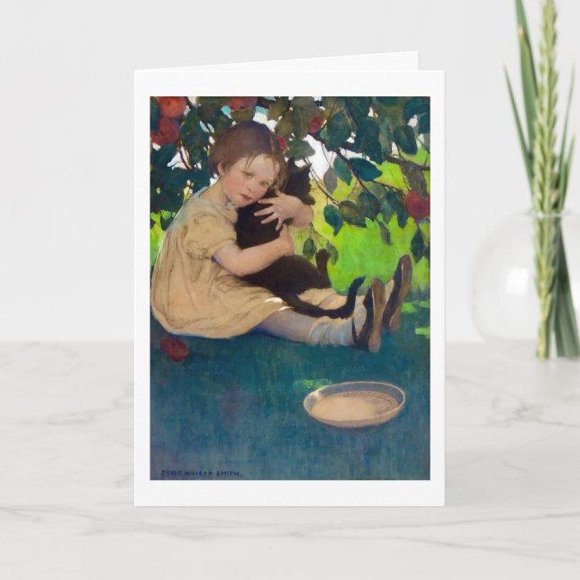 Tarjeta Chica sosteniendo a un gato negro, Jessie Willcox  (Anverso)