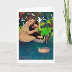 Tarjeta Chica sosteniendo a un gato negro, Jessie Willcox 