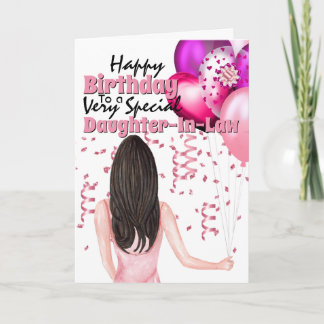 Tarjeta Chica sosteniendo el cumpleaños de los globos rosa