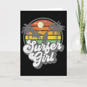 Tarjeta Chica Surfista Playa Retro 70s Vintage Vacaciones 