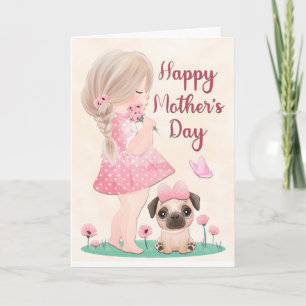 Tarjeta Chica vestida de rosa y cachorro pug para el Día d