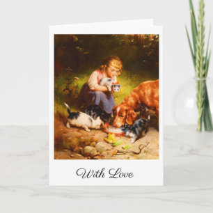 Tarjeta Chica Victoriana con Gatitos y Perro Arte con Amor