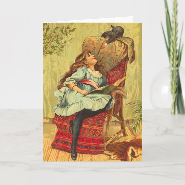 Tarjeta Chica victoriana leyendo un libro con su gato (Anverso)