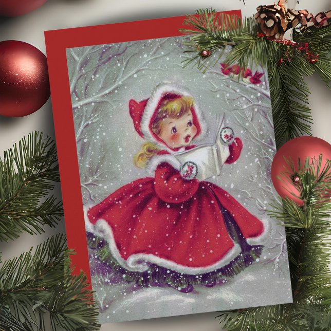 Tarjeta Chica Vintage con Navidades Personalizados de neva (Vintage Girl With Snow Birds Custom Christmas Card. Add a special message and your name!)