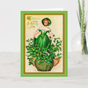 Tarjeta Chica vintage del día de San Patricio vestido verd