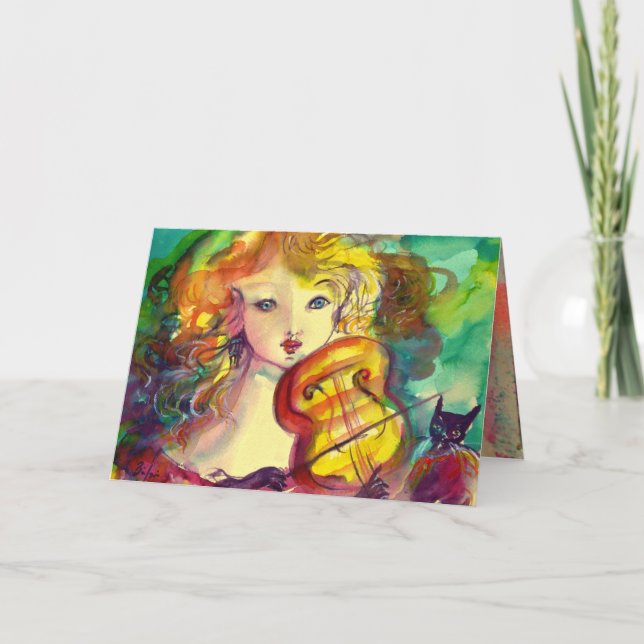 Tarjeta Chica VIOLINISTA, VIOLÍN Y CAT Feliz cumpleaños (Anverso)